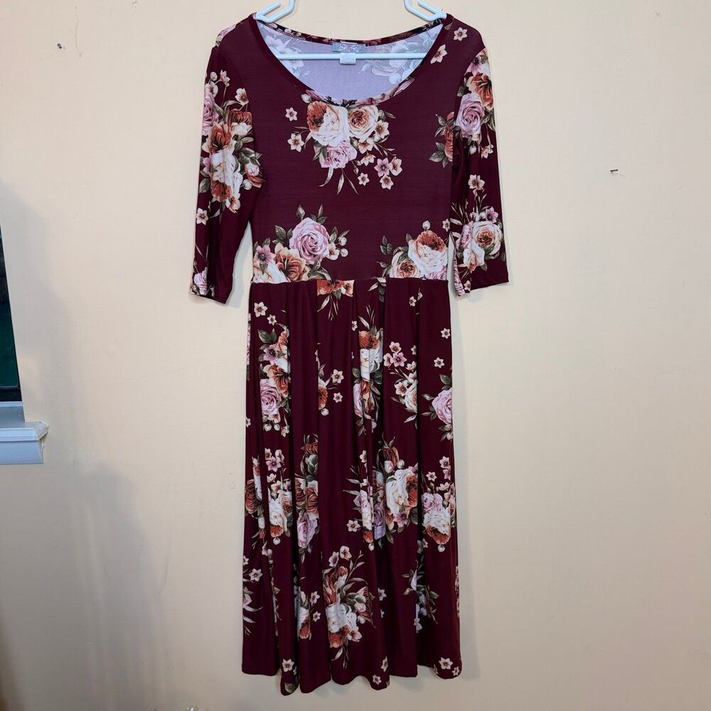 burgundy Floral Pleated Midi Tea Dress by Pretty Young Thing size Small